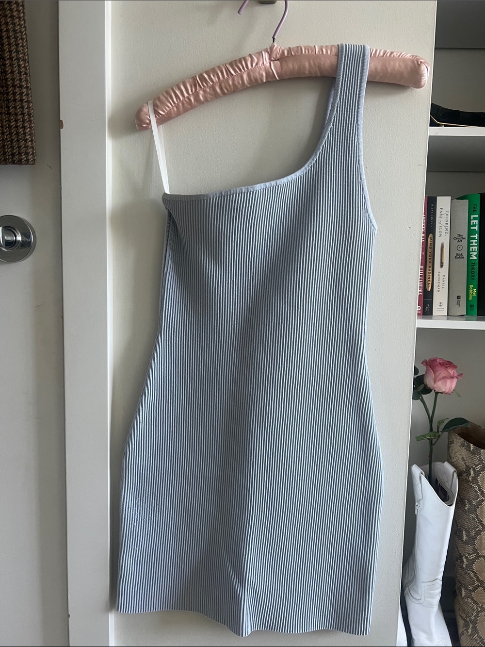 Babaton One-Shoulder Ribbed Mini Dress in Light Blue